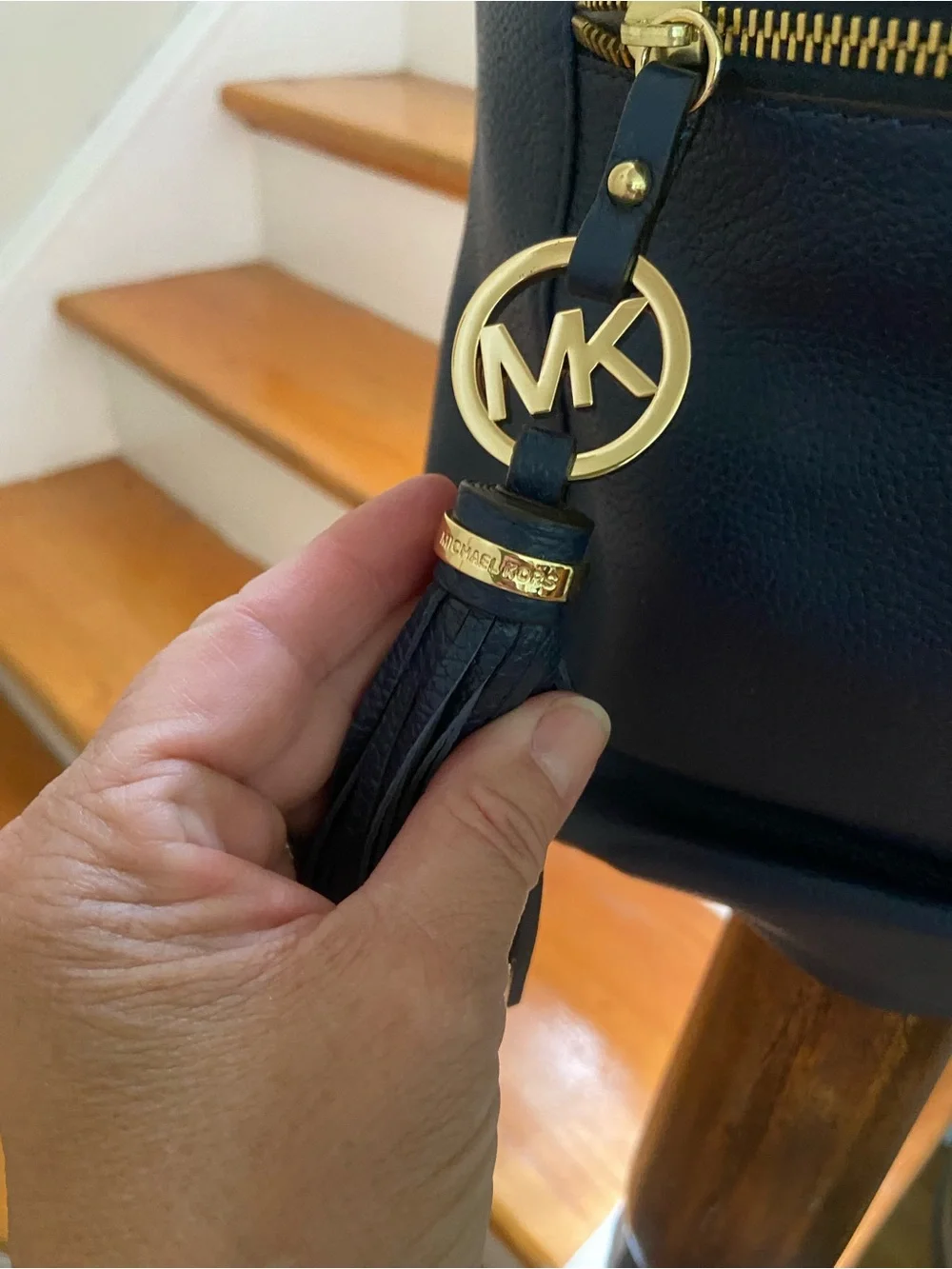 Michael Kors Dark Blue Pebbled Leather Hobo with Tassel and Gold Hardware